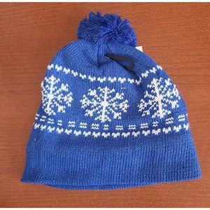 Winter Ski Hat Pom Beanie Snowflake Blue & White Lined Snow Cap BRAND NEW